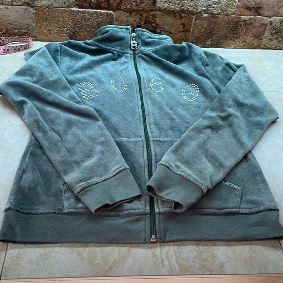 BCBGMAXAZRIA Velour Jacket Rhinestone Pockets Zipper Long Sleeve Green Size L - Picture 10 of 14